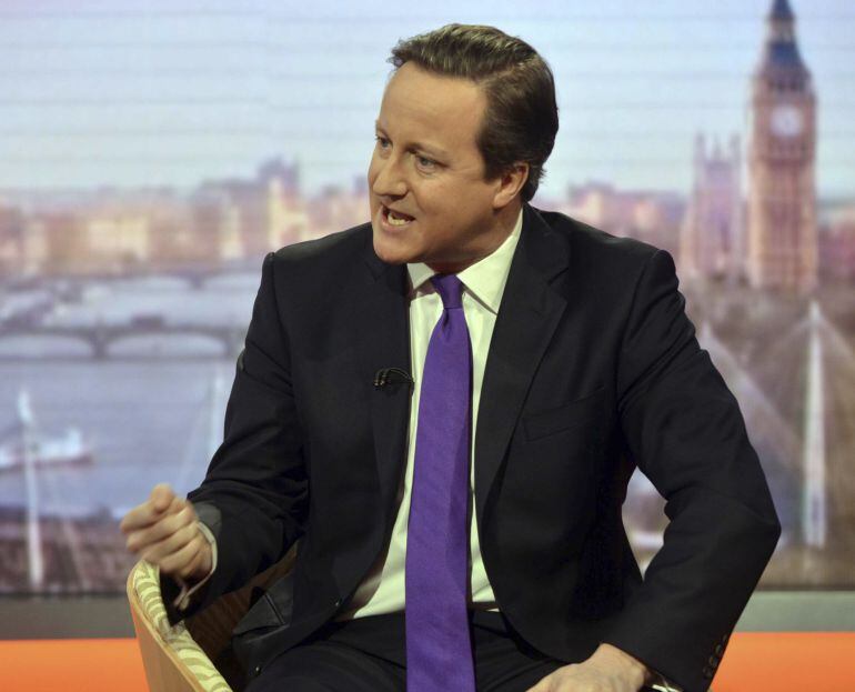 Britain&#039;s Prime Minister David Cameron speaks during a television program at the BBC in London, January 4, 2015. Cameron said on Sunday he would like to bring forward a planned referendum on Britain&#039;s membership of the European Union from 2017 if possible