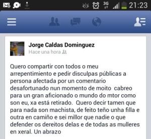 Mensaje publicado en el Facebook de Jorge Caldas disculpándose por insultar a la presidenta de la Diputación.