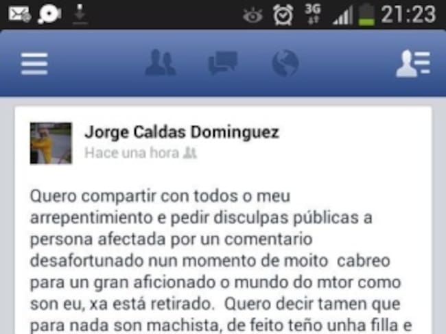 Mensaje publicado en el Facebook de Jorge Caldas disculpándose por insultar a la presidenta de la Diputación.