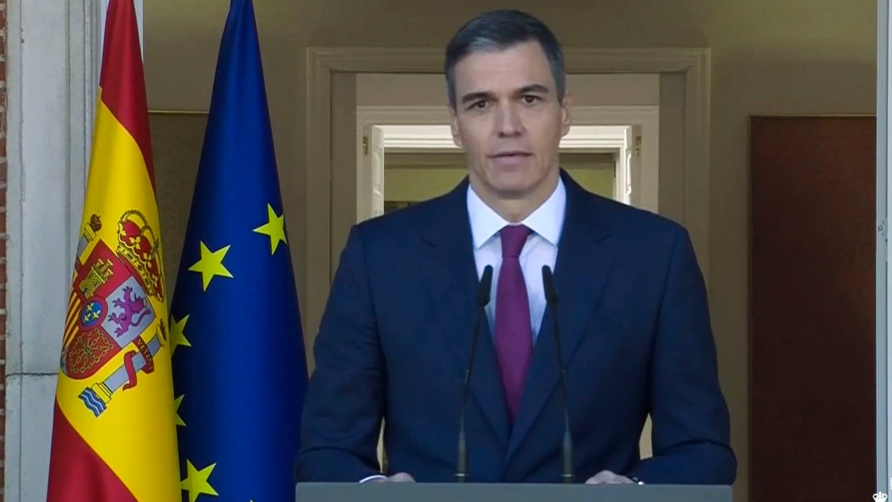 Captura de video de la señal institucional de La Moncloa con la comparecencia del presidente del Gobierno, Pedro Sánchez.