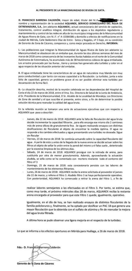 Informe de la emrpesa de abastecimiento de agua hecho público por el Ayuntamiento de Moraleja