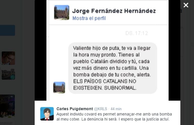 Captura de pantalla de la amenaza recibida por Carles Puigdemont.