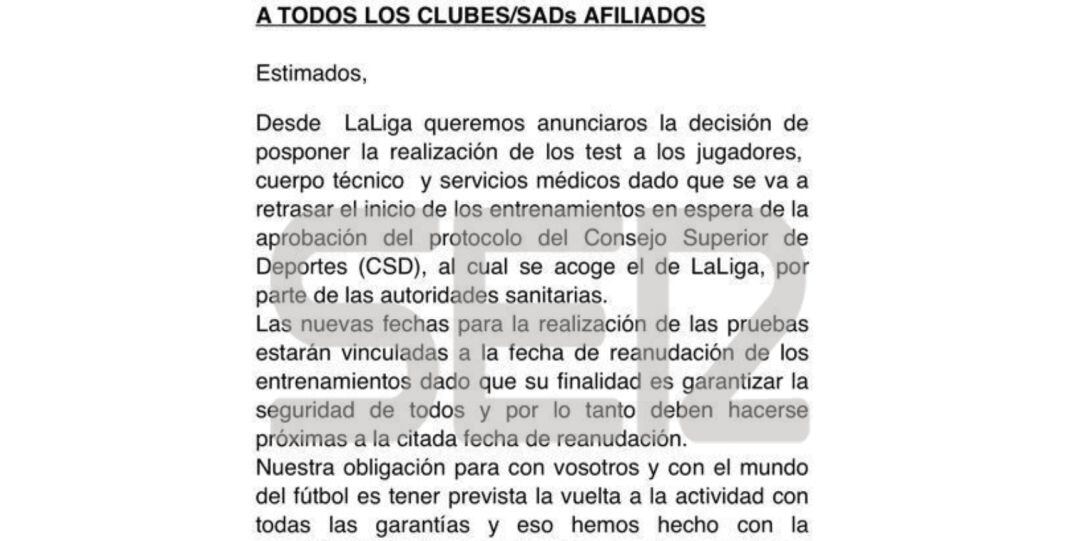 La carta de LaLiga a los clubes de fútbol