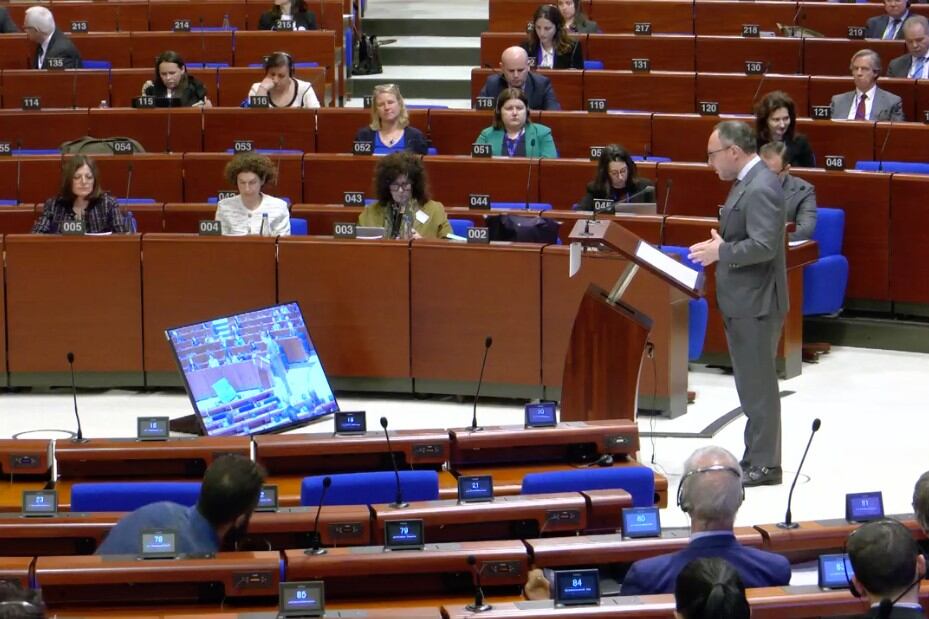 Un moment de la intervenció del cap de Govern, Xavier Espot, davant el Consell d&#039;Europa.