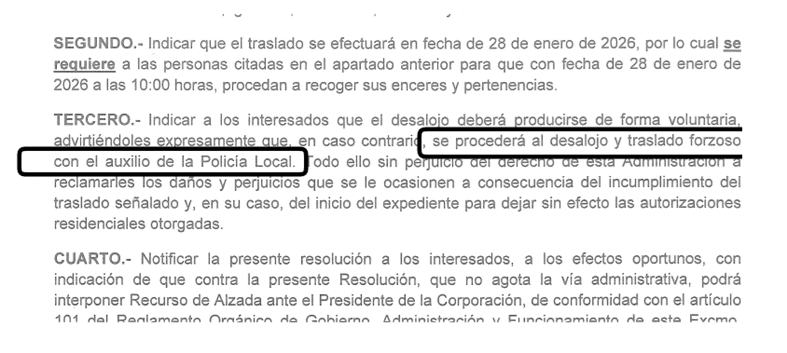El desalojo se producirá este miércoles a las 10:00