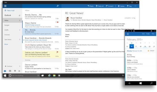 Captura de pantalla de Outlook 2016 en tablet y móvil