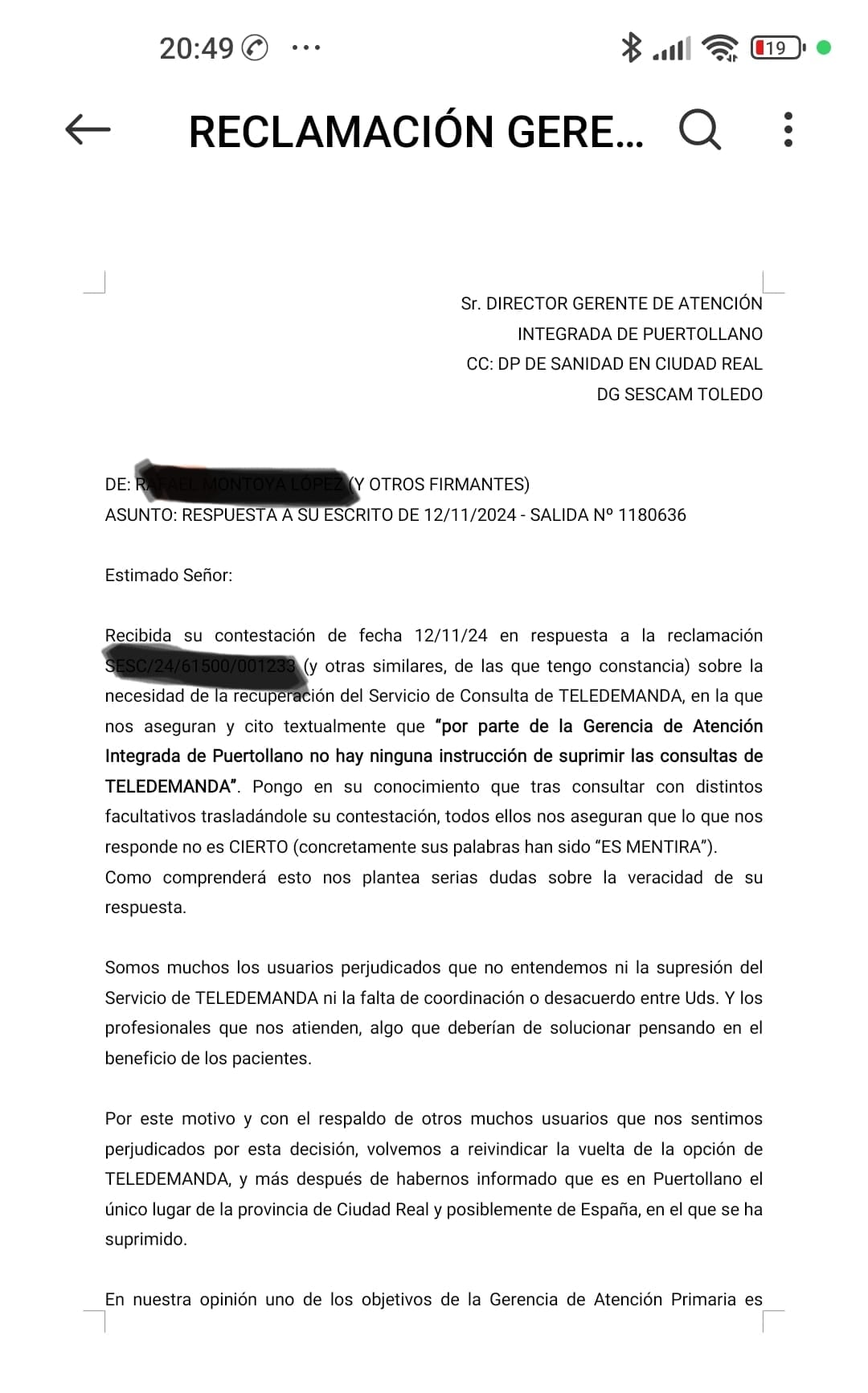 Escrito remitido por los usuarios del área de Puertollano