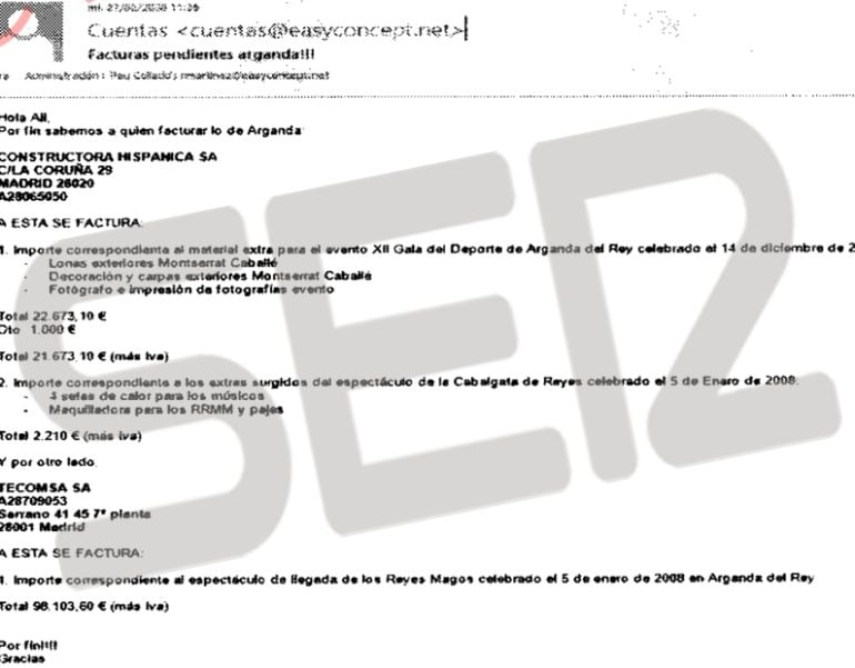 Correo electrónico en el que un empleado de la firma Gürtel Easy Concept festeja que &quot;por fin sabemos a quién facturar lo de Arganda&quot;, y comunica a otro qué constructora pagará cada concepto que correspondía al Ayuntamiento.