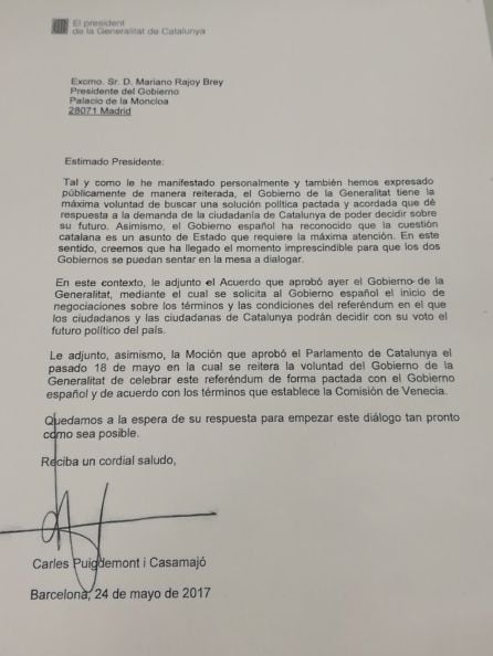 La carta enviada per Puigdemont a Rajoy