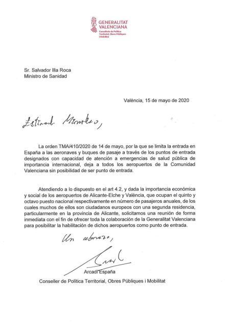 Carta enviada por el Conseller de Política Territorial, Arcadi España al Ministro de Sanidad, Salvador Illa