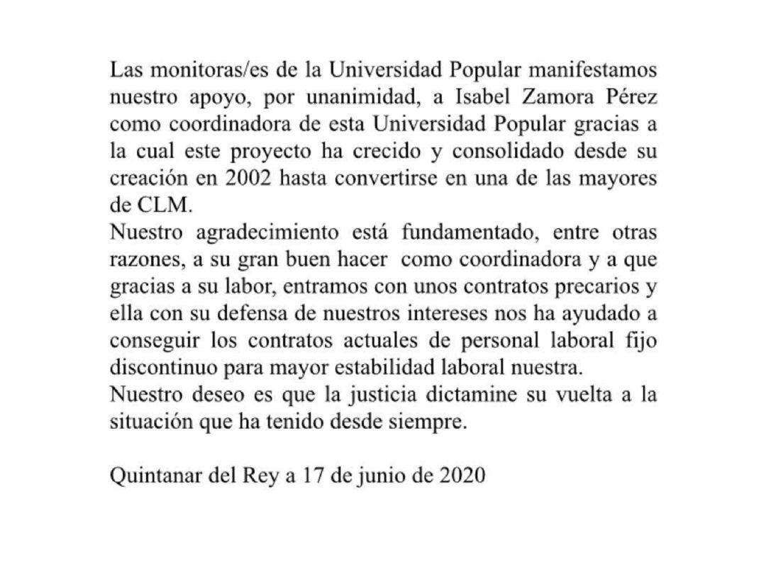 Escrito de apoyo a Isabel Zamora