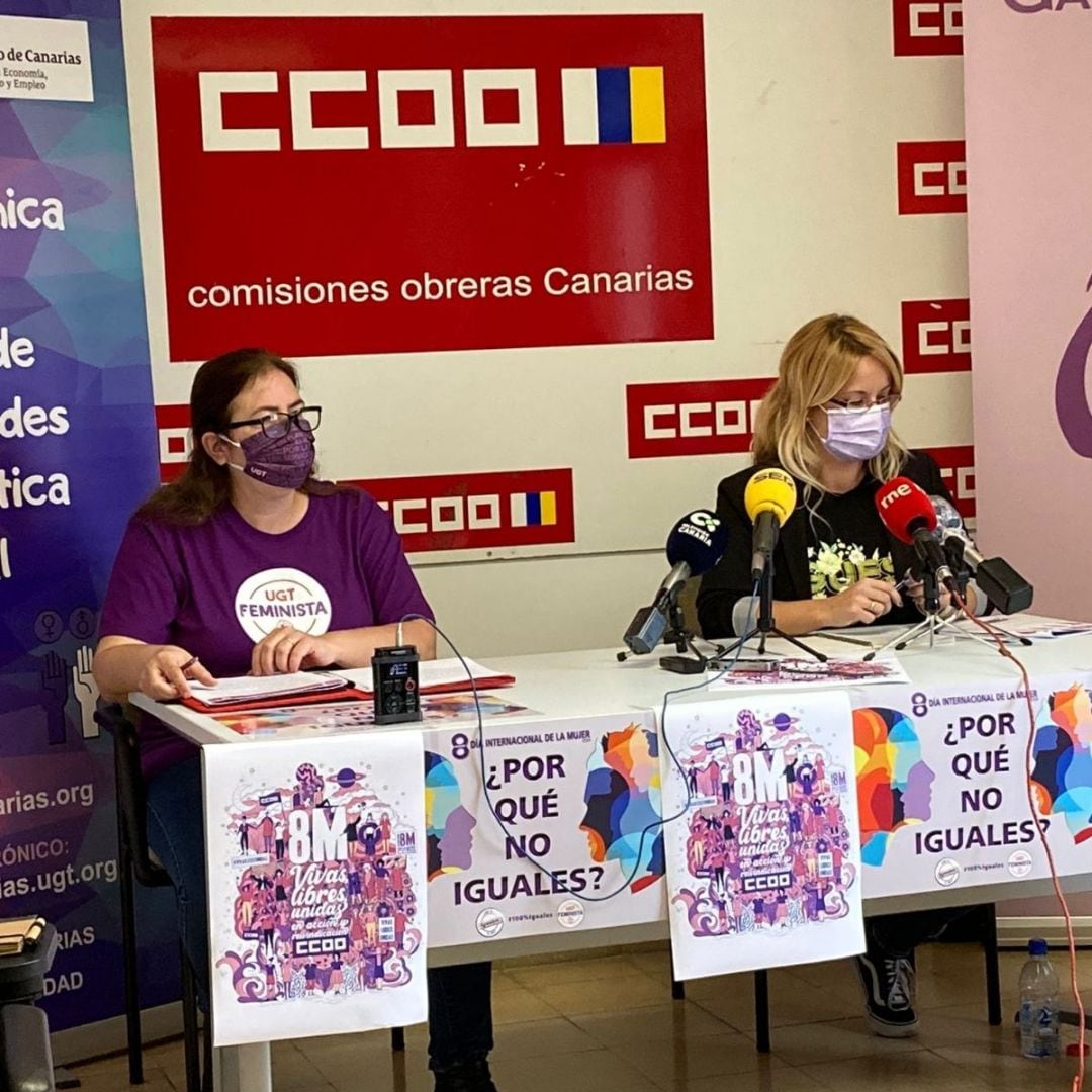La secretaria de Acción Social, Mujer y Juventud de CCOO en Canarias, Esther Martín, y la secretaria de Igualdad de UGT en las islas, Mirna Ortega.