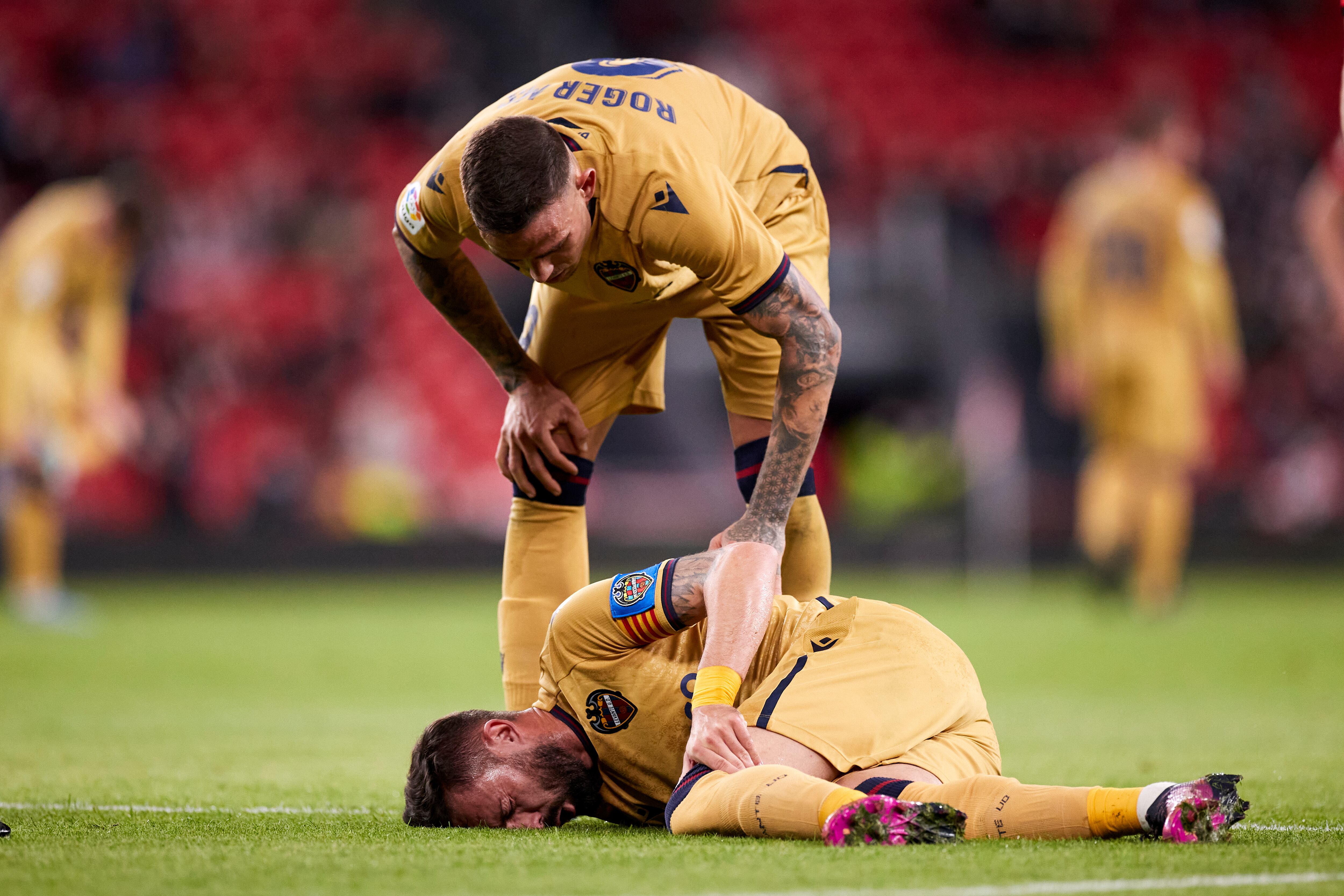 BILBAO, SPAIN - MARCH 07: Jose Luis Morales of UD Levante reacts after being injured during the Spanish league match of La Liga between, Athletic Club and UD Levante at San Mames on March 7, 2022 in Bilbao, Spain. (Photo By Ricardo Larreina/Europa Press via Getty Images)