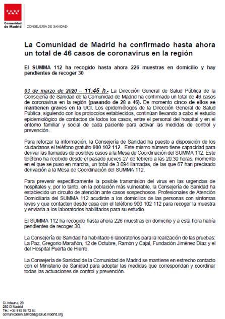 Comunicado Oficial sobre los casos de Coronavirus detectados en Madrid.