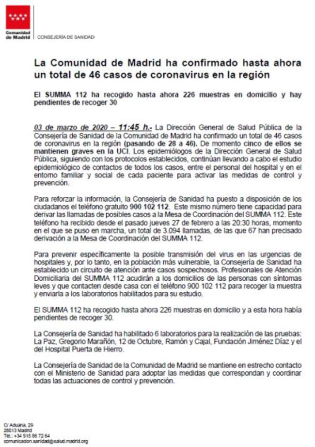 Comunicado Oficial sobre los casos de Coronavirus detectados en Madrid.