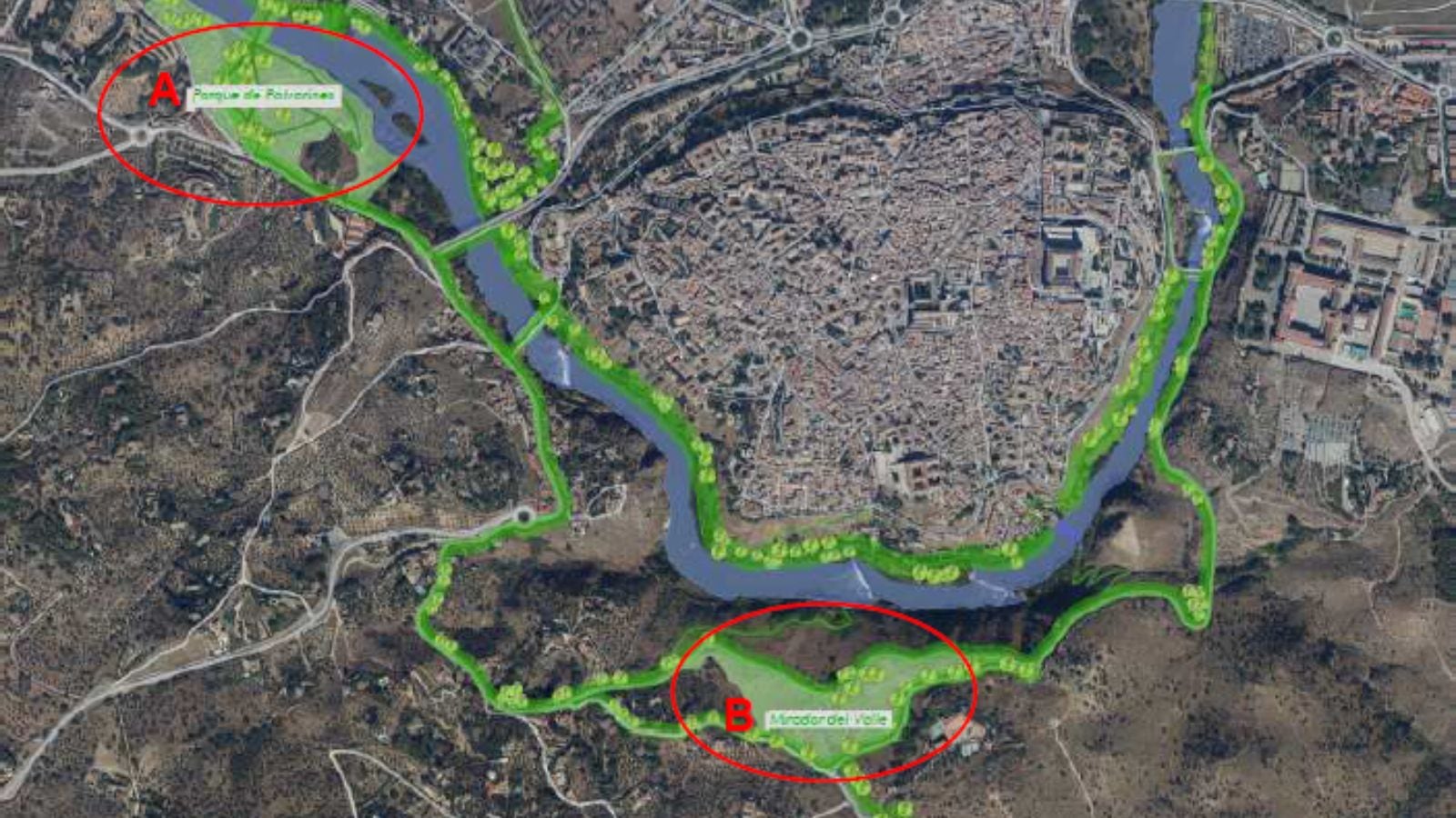 Imagen de las zonas de actuación para conectar el Parque de Polvorines con el Valle