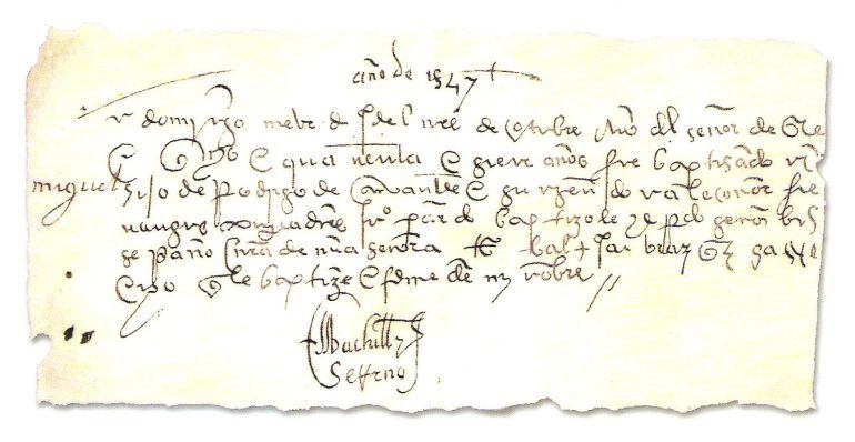 Extracto del libro de la Parroquia de Santa María la Mayor de Alcalá de Henares donde se recoge el bautismo de Miguel de Cervantes