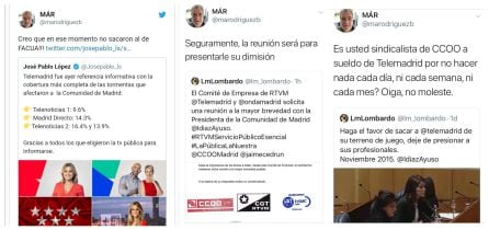 Tres de los tuits de Miguel Ángel Rodríguez contra Telemadrid.