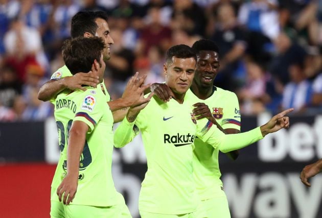 El Barça celebra el gol de Coutinho en Butarque