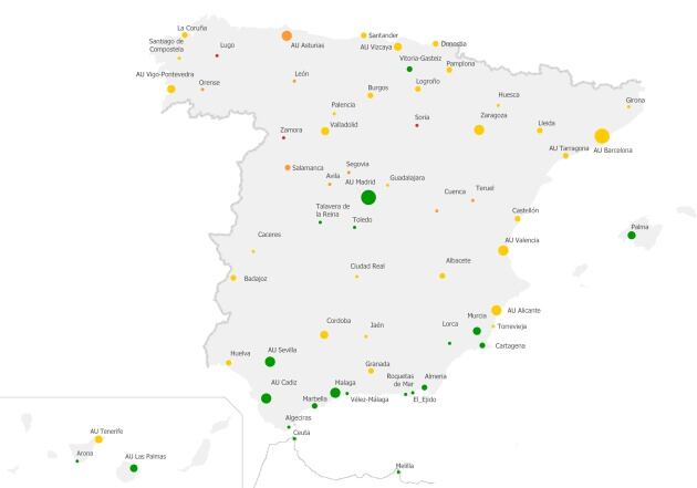 Mapa ODS 3 (salud y bienestar). Se marcan con los colores de los semáforos en verde las ciudades que aprueban y en rojo las que no alcanzan el objetivo