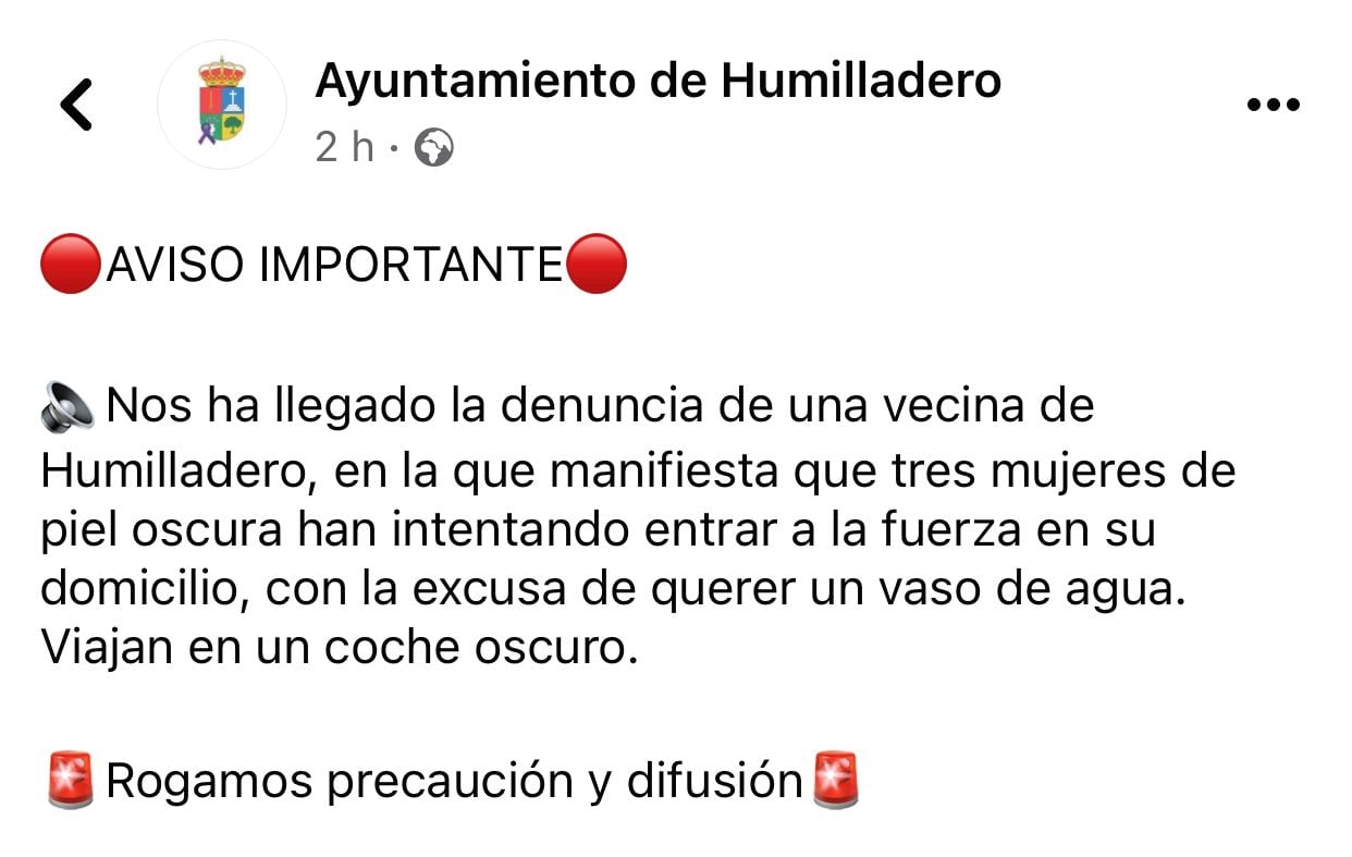 La denunciada publicada por el Ayuntamiento de Humilladero en su muro de Facebook