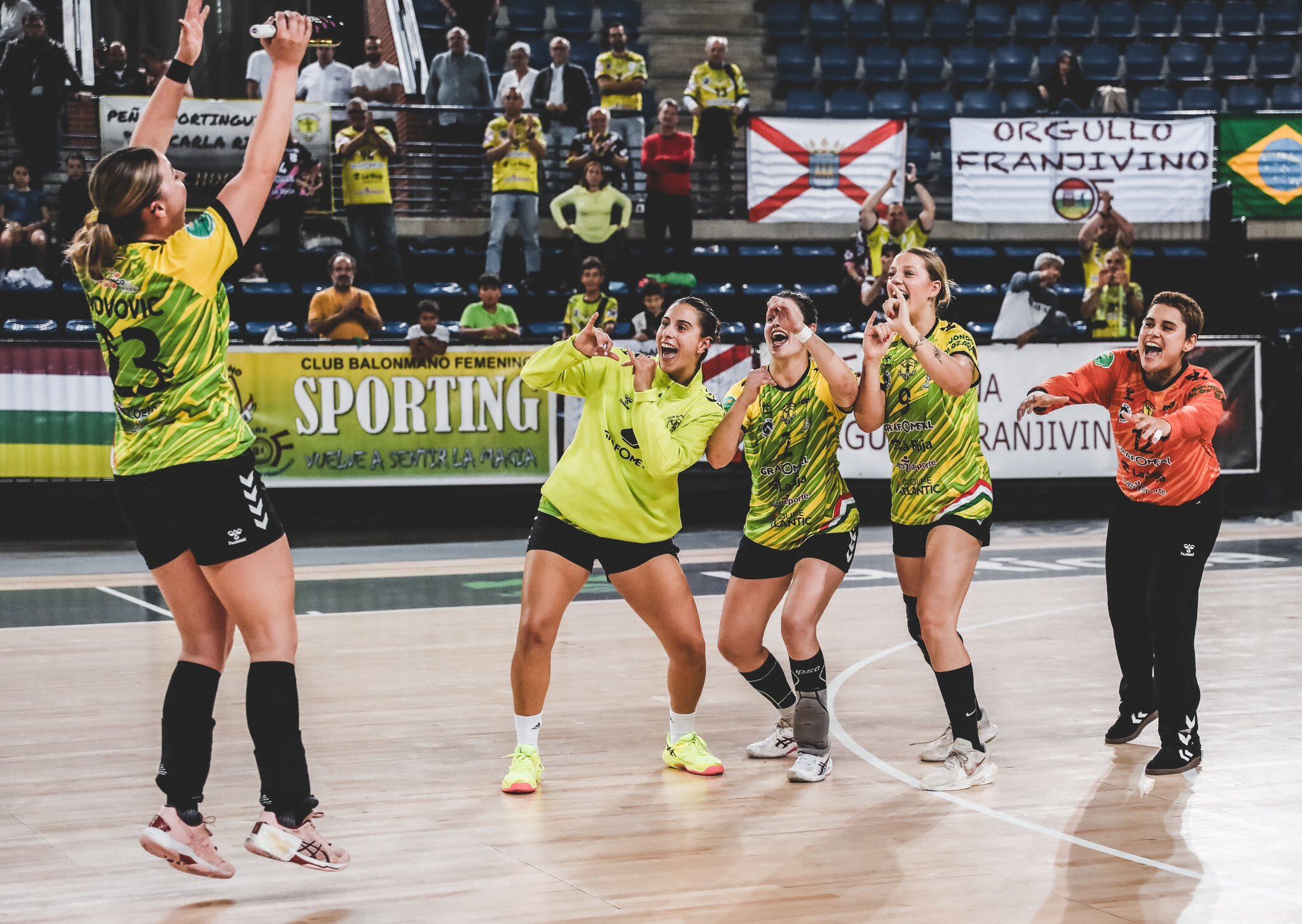 Las jugadoras del Grafometal Sporting festejan el primer triunfo en la Liga Guerreras Iberdrola tras ganar 29 a 22 a Porriño en el Palacio de los Deportes | Juanjo Acobi (Sporting La Rioja)