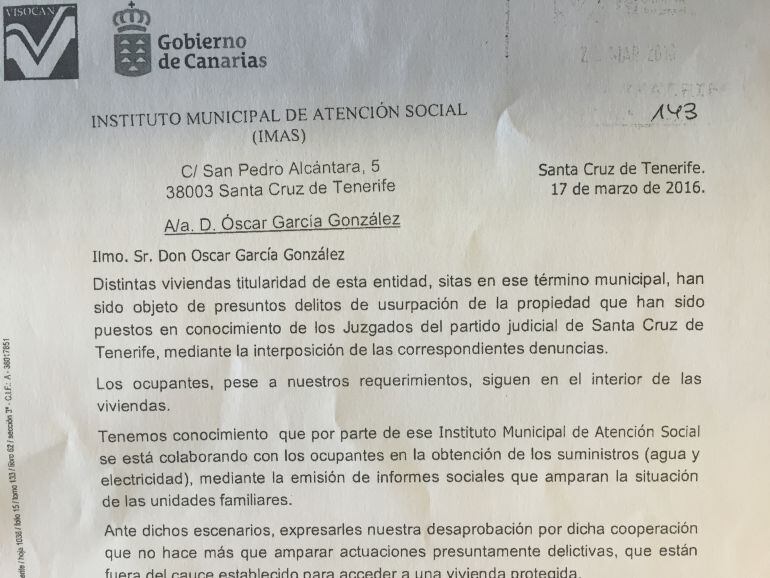 Carta enviada por Visocan al Ayuntamiento de Santa Cruz de Tenerife. 