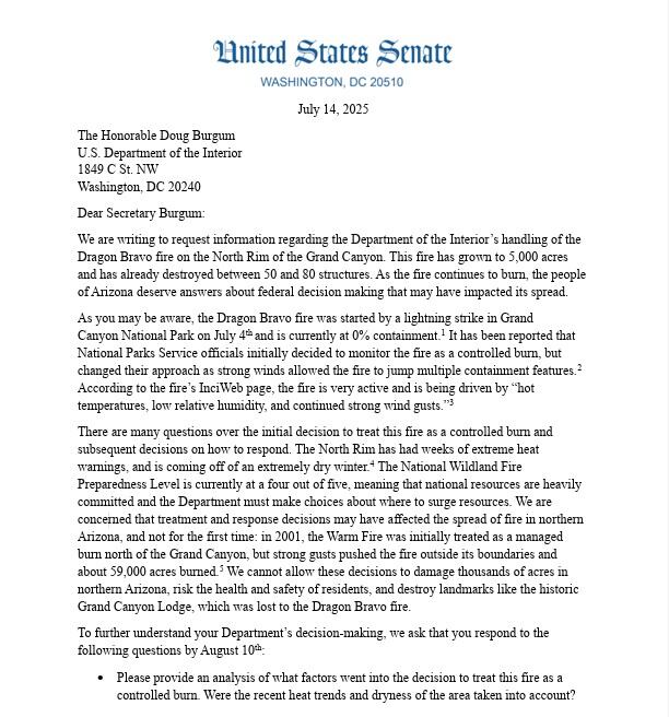 Carta enviada el lunes por los senadores Rubén Gallego y Mark Kelly, dirigida al secretario del Interior Doug Burgum, los congresistas denunciaron que la respuesta inicial al incendio Drago Bravo no fue suficiente.