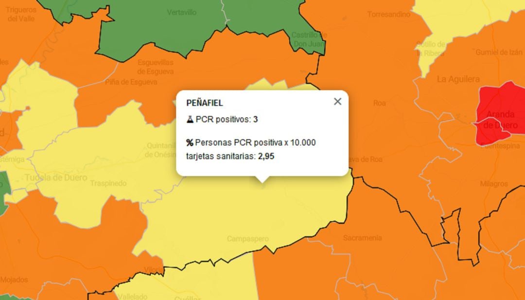 El mapa de la Zona Básica de Salud de Peñafiel registraba este miércoles un incremento de tres casos en los últimos siete días