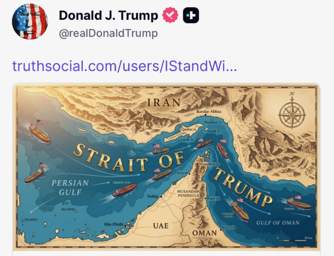 Trump publica un mapa de Ormuz renombrado como "Estrecho de Trump".