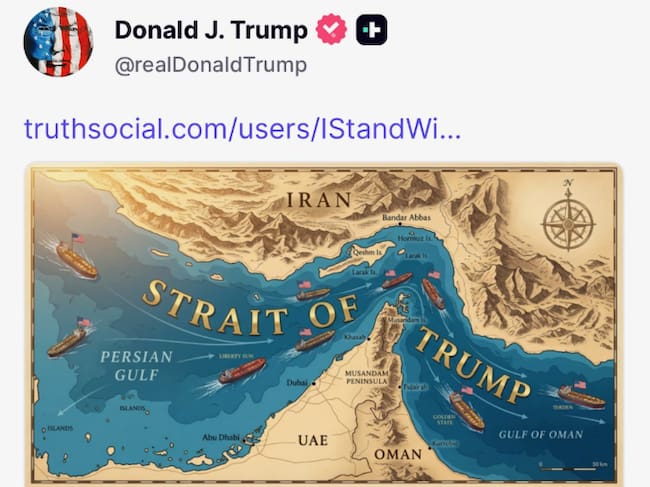 Trump publica un mapa de Ormuz renombrado como "Estrecho de Trump".