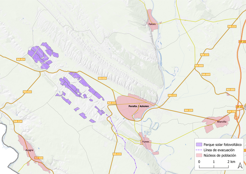 Mapa del terreno que ocupará la mayor planta solar fotovoltaica de Navarra junto a los altos de Peralta