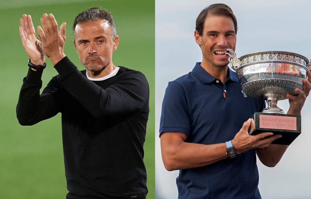 A la izquierda de la imagen, Luis Enrique aplaude durante el España - Suiza. A la derecha, Nadal &#039;muerde&#039; su 13º Roland Garros