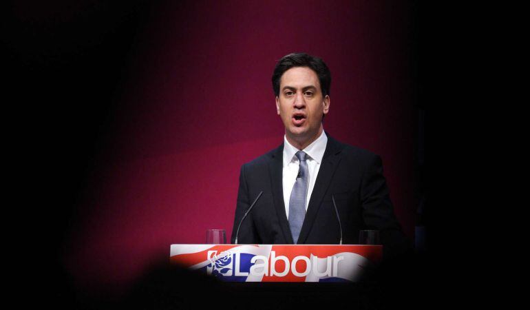 Ed Miliband, líder del Partido Laborista, en un momento de la presentación de su programa electoral en Manchester