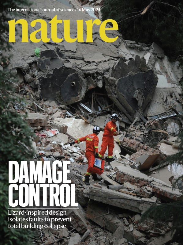 Portada de Nature con la investigación valenciana. El titular es: &quot;Control de Daños. Un diseño inspirado en los lagartos aísla los fallos para prevenir la caída total de un edificio&quot;