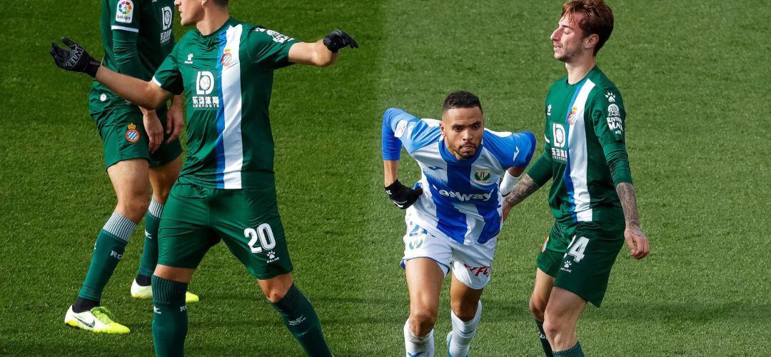 El delantero marroquí Youssef En-Nesyri (c) del CD Leganés, celebra su gol ante el RCD Espanyol, durante el partido correspondiente a la decimoctava jornada de LaLiga Santander disputado en el estadio Municipal de Butarque, en Leganés.