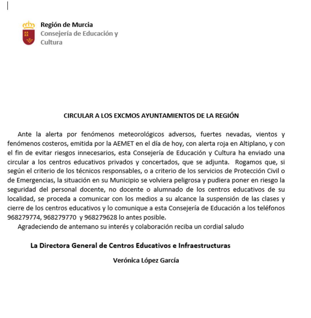 Circular enviada a los ayuntamientos por la consejería de Educación con motivo de la borrasca Gloria