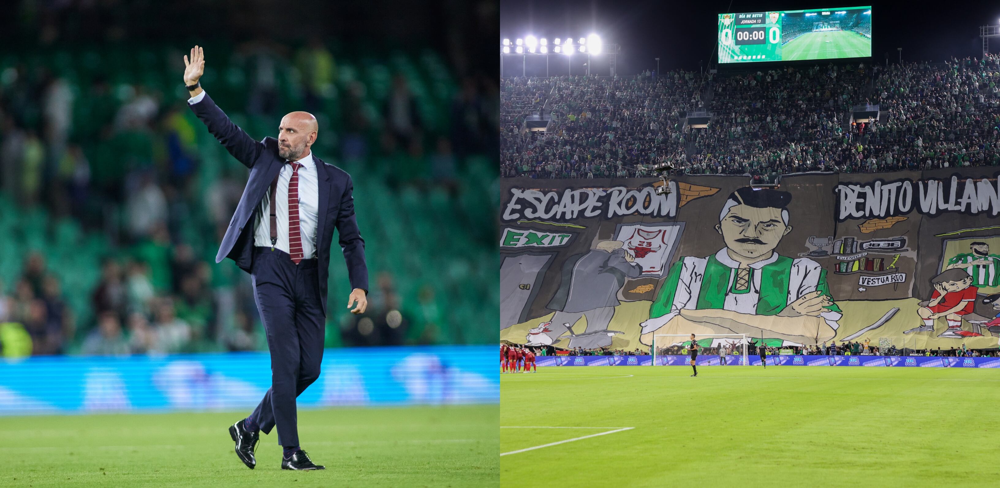 Monchi saludando a la afición del Sevilla FC y tifo del Real Betis en la previa del partido.