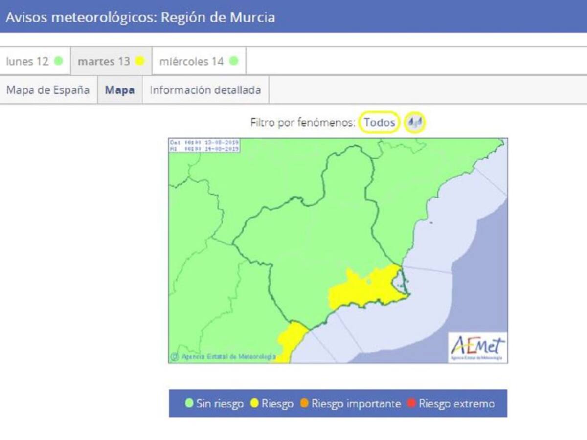 Meteorología advierte de lluvia de hasta 20 litros en una hora esta madrugada en Campo de Cartagena y Mazarrón