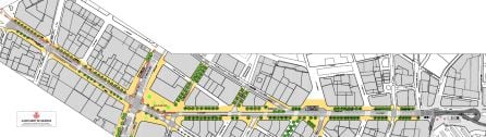 Diseño de la planta viaria que ha preparado la concejalía de Movilidad Sostenible del Ayuntamiento de València para el eje entre la avenida del Oeste y la plaza de España.