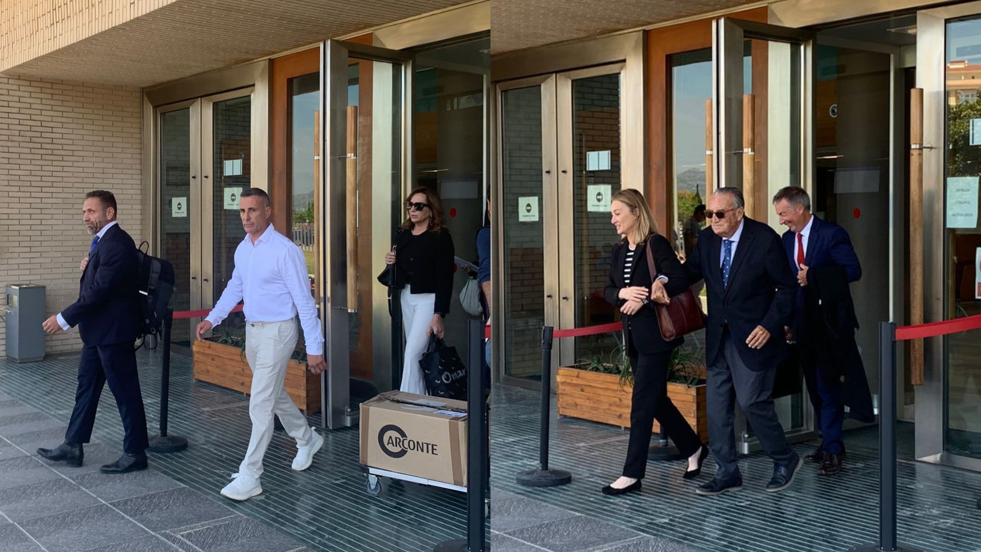 Debón, de blanco, a la izquierda y Fabra, acompañado por su hija, a la derecha.