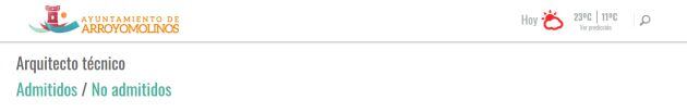 Pantallazo de la web del Ayuntamiento para acceder al listado de admitidos y no admitidos al puesto de arquitecto técnico