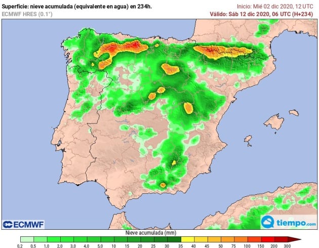 Mapa con la previsión de nevadas hasta el 12 de diciembre en la Península.