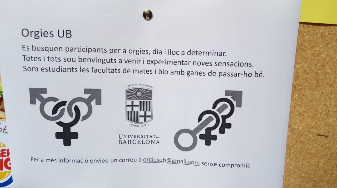 Els anuncis que han aparegut als plafons d'informació de la Universitat de Barcelona, buscant participants per una orgia