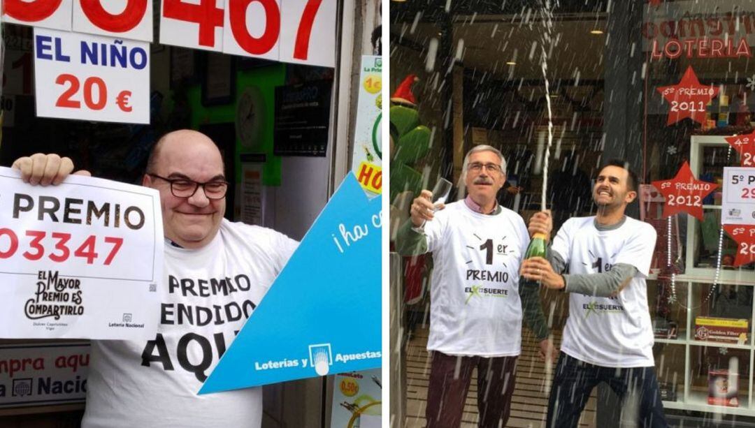 Juan Fernández (Vigo) y Benjamín Martínez (O Porriño) con un familiar celebran repartir el Gordo de la Lotería de Navidad en su establecimiento.