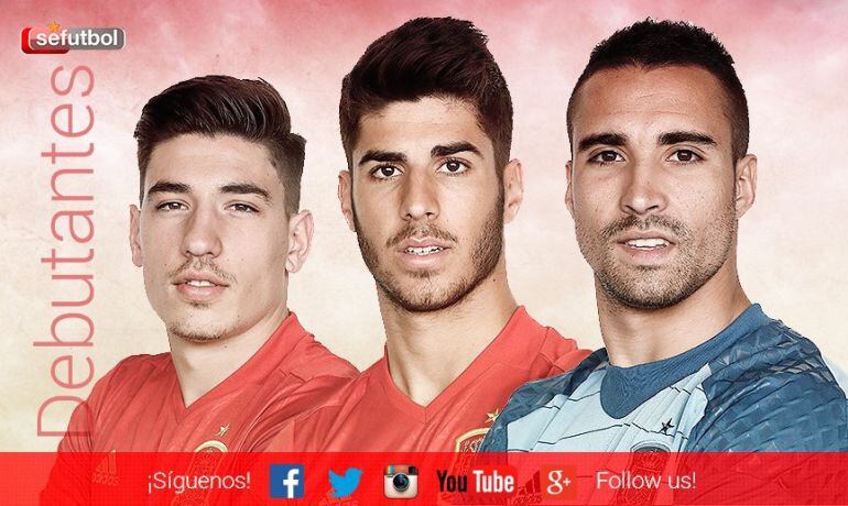 Bellerín, Asensio y Sergio Asenjo han sido los tres debutantes hoy de inicio con España. (Montaje obra de sefutbol.com) 