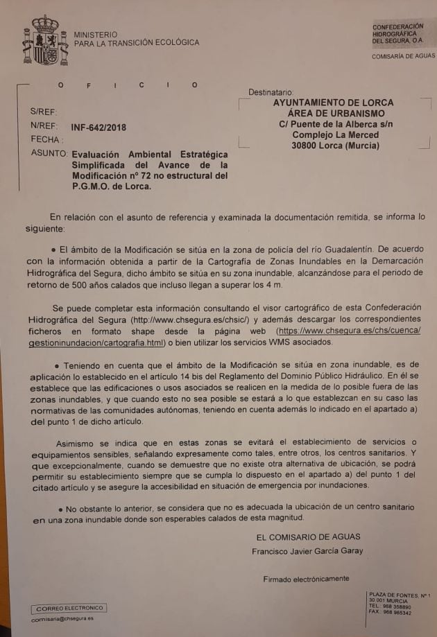 Informe del Ministerio que dice que los terrenos son inundables