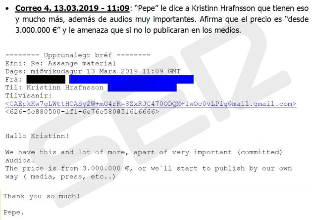 Los correos a los que ha tenido acceso la Cadena SER que desvelan la extorsión contra Julian Assange