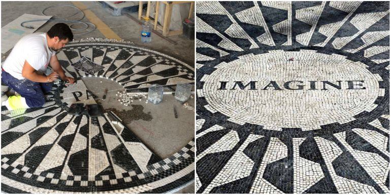 A la izquierda, el mosaico en memoria de las dos jóvenes, y a la derecha el ubicado en Central Park