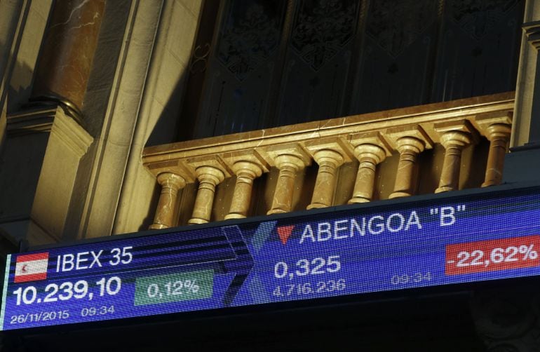 Monitor informativo en la bolsa de Madrid que muestra el principal indicador de la Bolsa española, el IBEX 35, pocos minutos después de la apertura, que fue negativa, y se situaba en 10.251 puntos. Las acciones de Abengoa, que en la apertura de mercado se